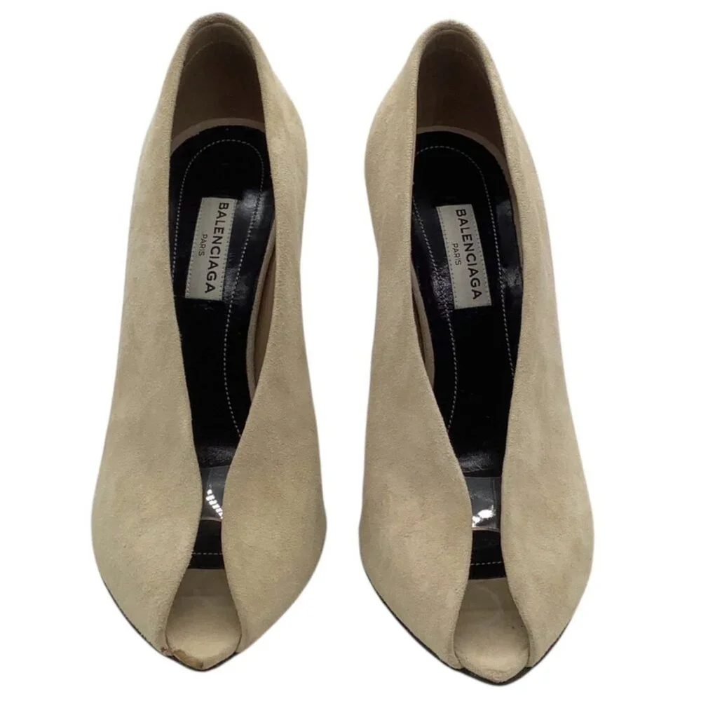 BALENCIAGA Split Vamp Stiletto Pumps 36 6 Booties Peep Toe Suede Neutral Beige